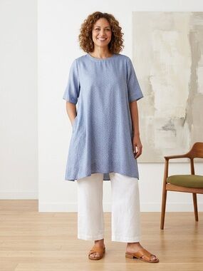 Péro Light Blue Printed Tunic Dress Top Logenlok and boho 100% Silk size L 10 42